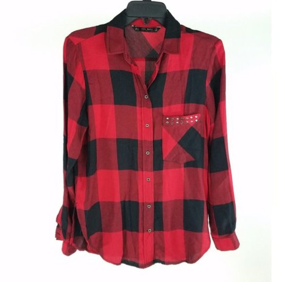 Zara Red Black Buffalo Plaid Button Down Top - Picture 1 of 4